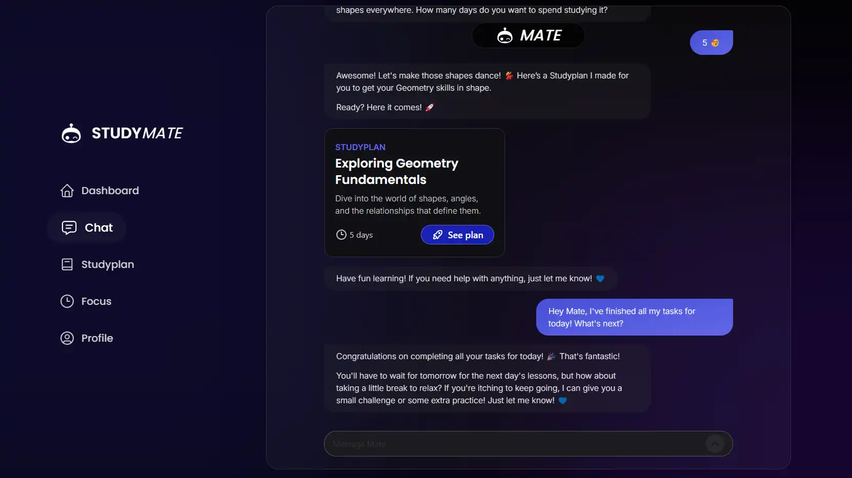 Screenshot of the Studymate chat interface, showing a conversation with Mate, the study assistant and a Studyplan being generated