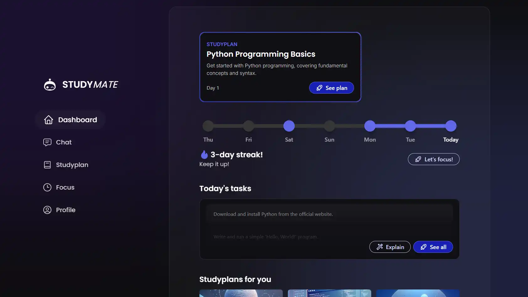 Screenshot of the Studymate dashboard page
