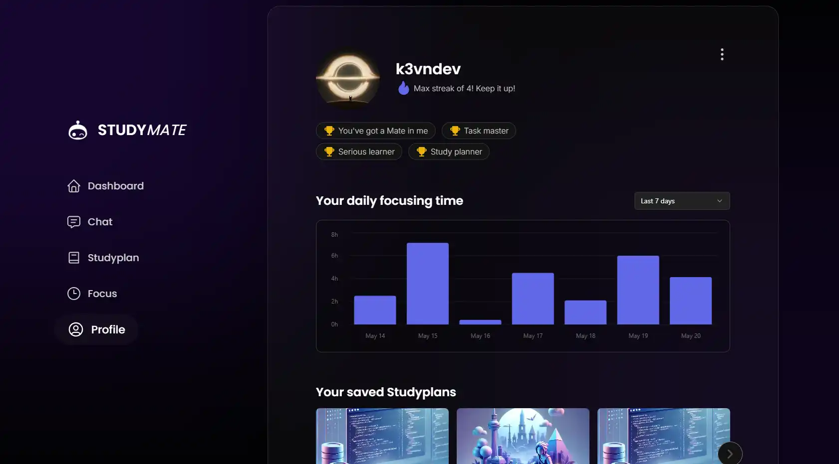 Screenshot of the Studymate profile page